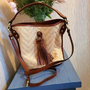 Patricia Nash Natural Zig Zag Woven Crossbody/shoulder Leather Bucket Bag